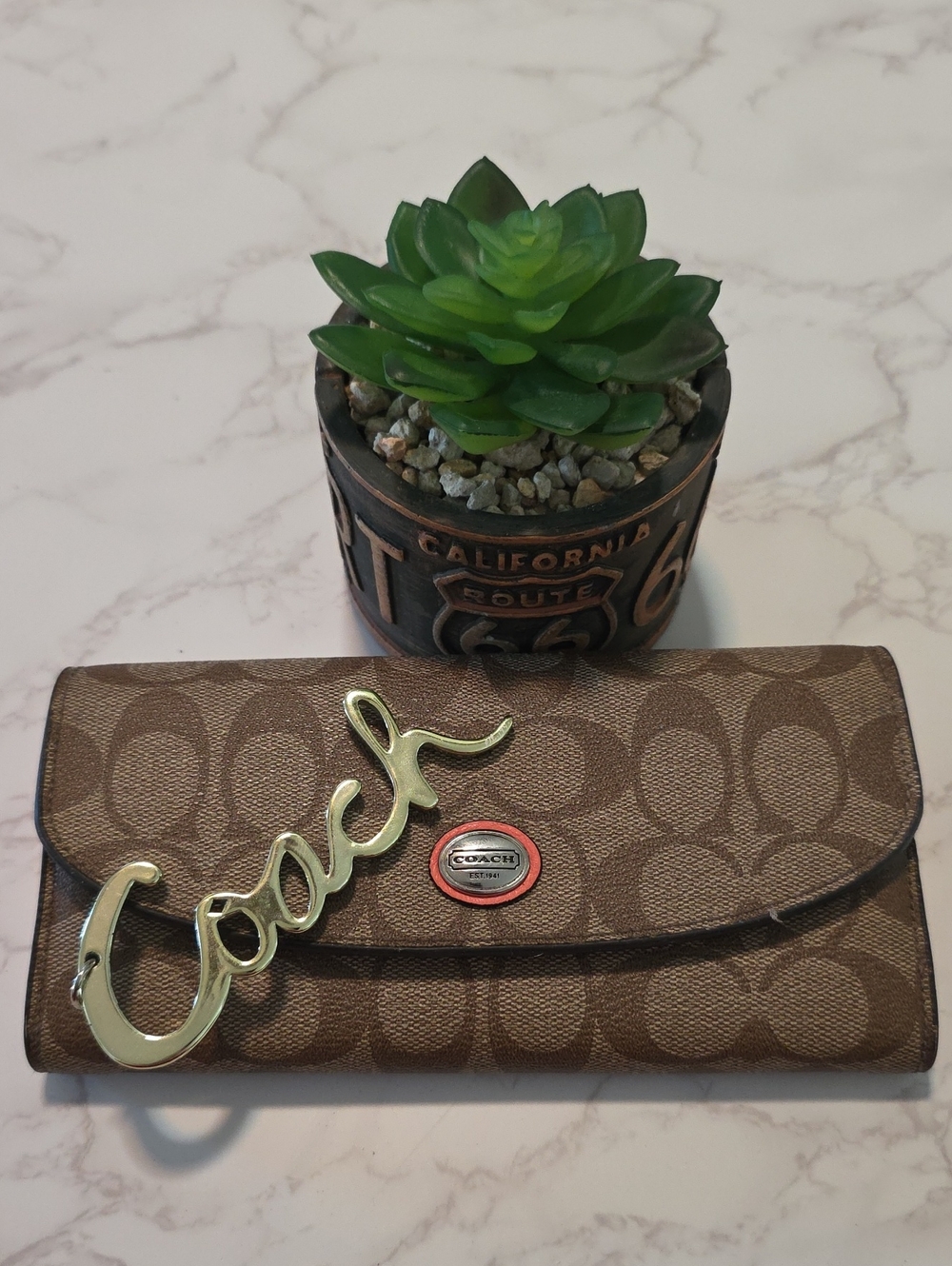 Coach Brown Signature Continental Wallet with Gold Script Accent